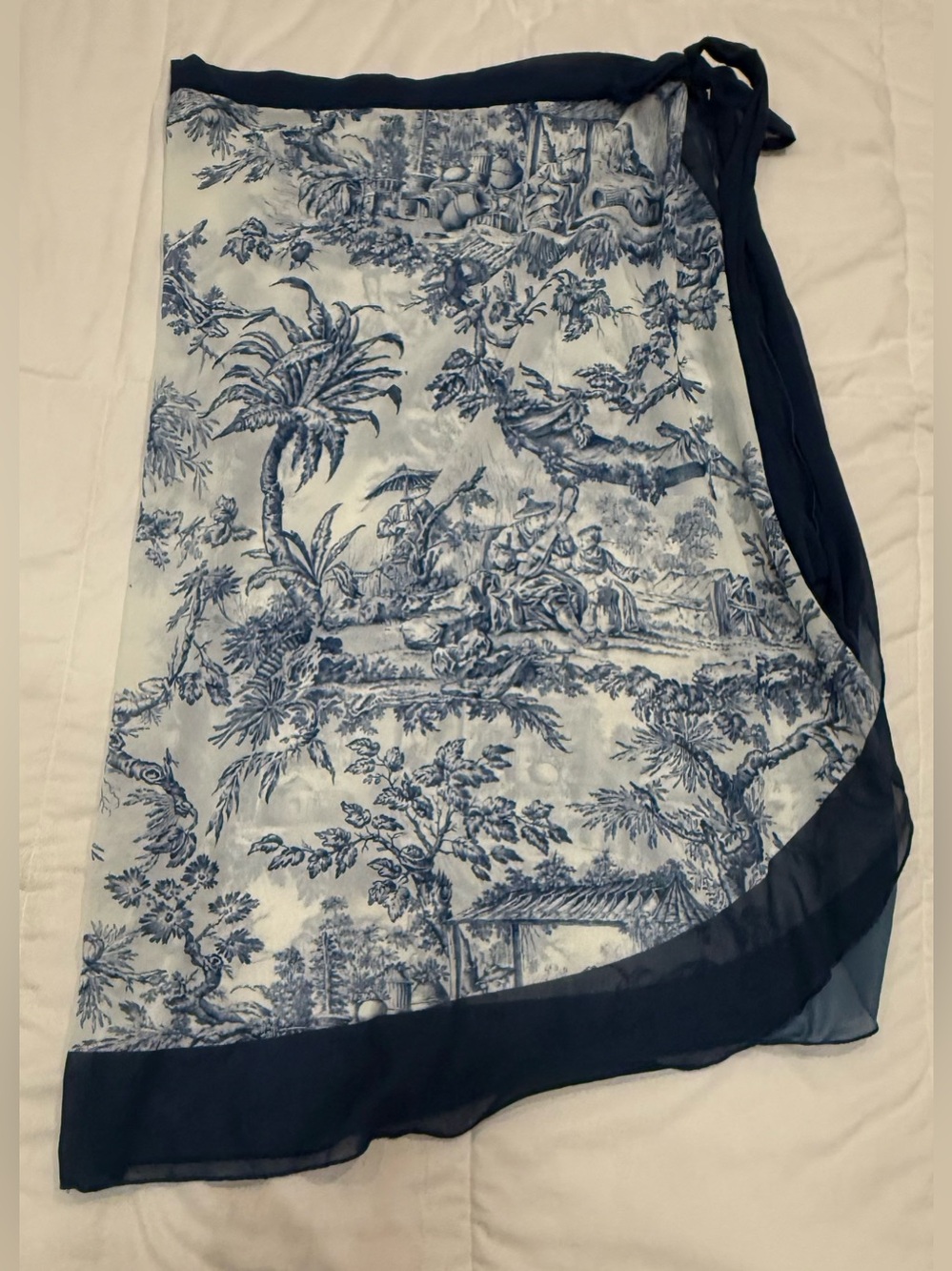 Blue White Toile De Jouy Sheer Chiffon Swim Wrap Cover Up Skirt